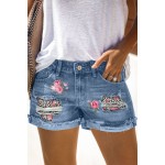 Sky Blue Floral Leopard Print Patchwork Distressed Denim Shorts