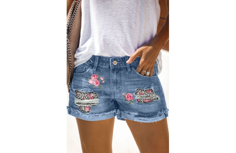 Sky Blue Floral Leopard Print Patchwork Distressed Denim Shorts