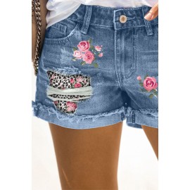 Sky Blue Floral Leopard Print Patchwork Distressed Denim Shorts