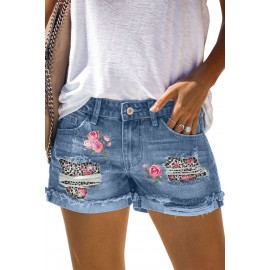 Sky Blue Floral Leopard Print Patchwork Distressed Denim Shorts