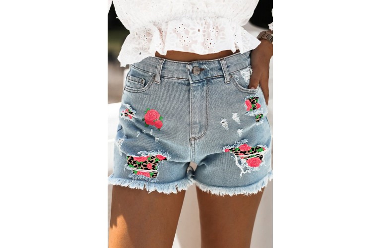 Sky Blue Rose Leopard Patchwork Raw Hem Distressed Denim Shorts