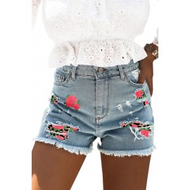 Sky Blue Rose Leopard Patchwork Raw Hem Distressed Denim Shorts