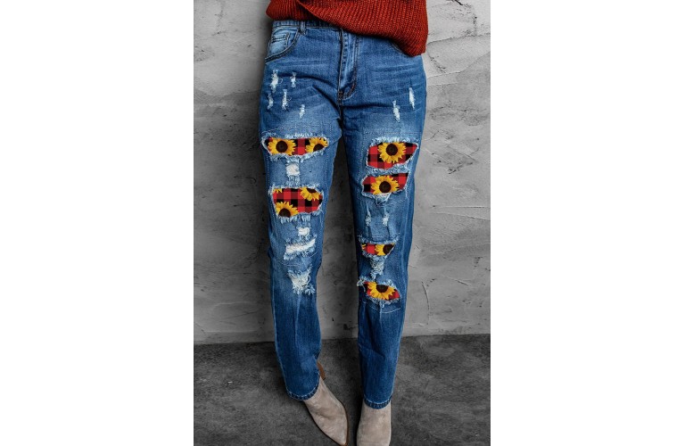 Sunflower Plaid Patch Ripped Boyfriend Jeans