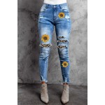 Sunflower Print Leopard Patchwork Distressed Skinny Jeans