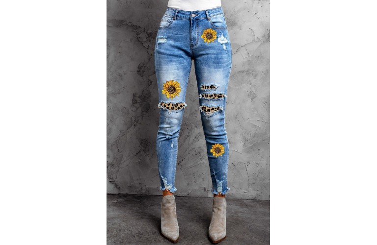 Sunflower Print Leopard Patchwork Distressed Skinny Jeans