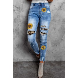 Sunflower Print Leopard Patchwork Distressed Skinny Jeans