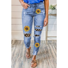 Sunflower Print Leopard Patchwork Distressed Skinny Jeans