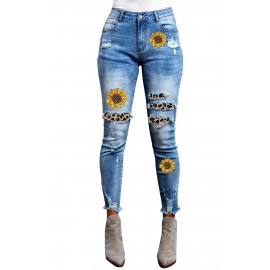 Sunflower Print Leopard Patchwork Distressed Skinny Jeans