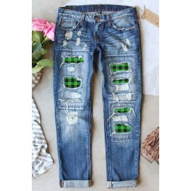 Sky Blue Plaid Patchwork High Waist Distressed Jeans