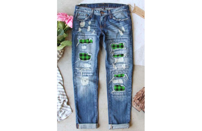 Sky Blue Plaid Patchwork High Waist Distressed Jeans