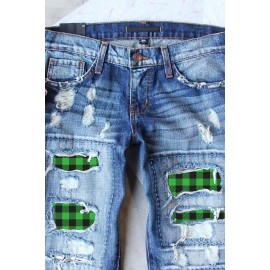 Sky Blue Plaid Patchwork High Waist Distressed Jeans