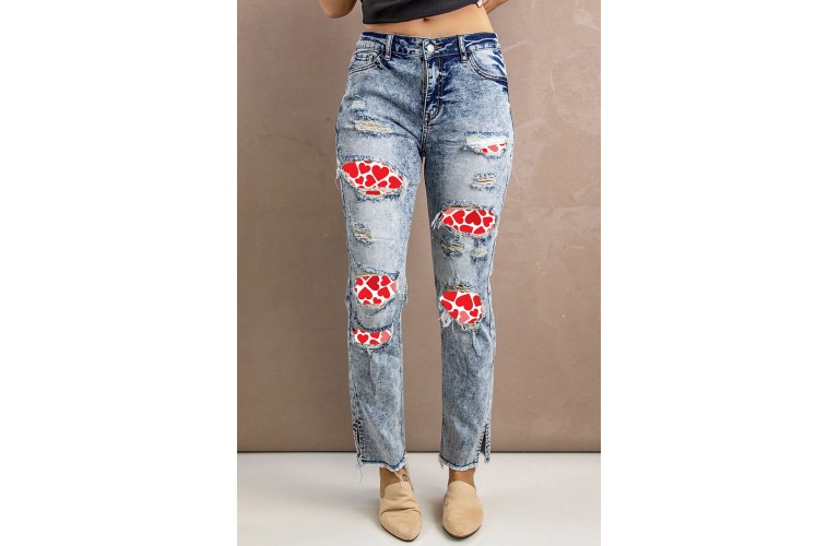 Sky Blue Valentine Heart Print Patchwork Distressed Slim-fit Jeans