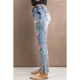 Sky Blue Valentine Heart Print Patchwork Distressed Slim-fit Jeans