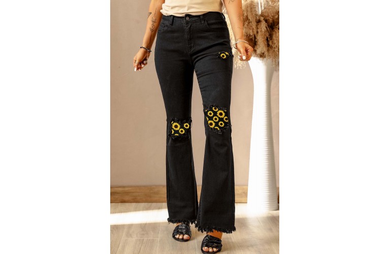 Black Sunflower Patchwork Raw Hem High Rise Flare Jeans