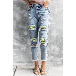 Sky Blue St Patrick Clover Striped Patchwork Slim-fit Jeans