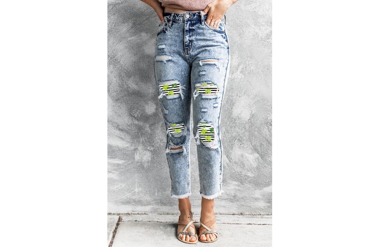 Sky Blue St Patrick Clover Striped Patchwork Slim-fit Jeans