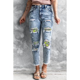 Sky Blue St Patrick Clover Striped Patchwork Slim-fit Jeans