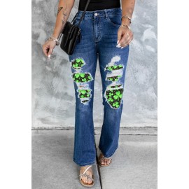 Blue St Patrick Clover Patchwork High Rise Flare Jeans