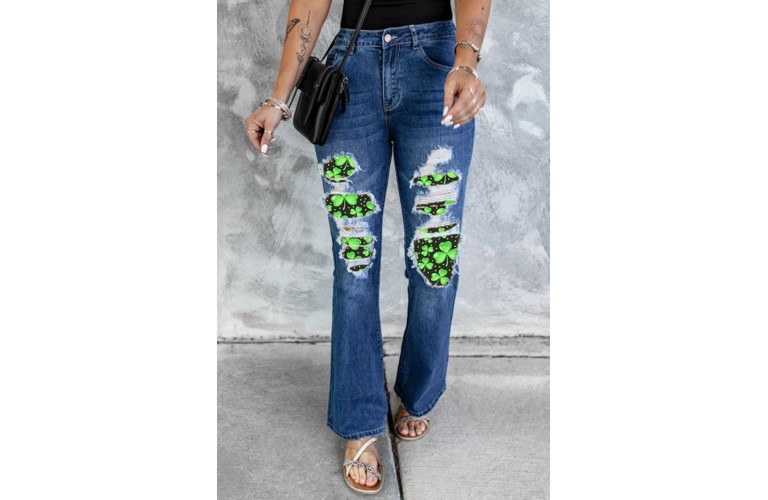 Blue St Patrick Clover Patchwork High Rise Flare Jeans