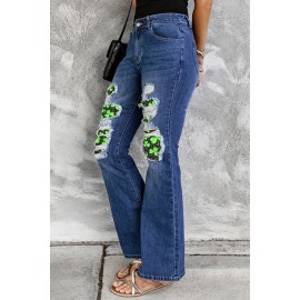 Blue St Patrick Clover Patchwork High Rise Flare Jeans