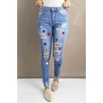 Sky Blue Star Print Ripped Skinny Fit High Waist Jeans