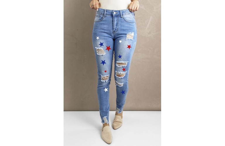 Sky Blue Star Print Ripped Skinny Fit High Waist Jeans