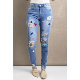 Sky Blue Star Print Ripped Skinny Fit High Waist Jeans