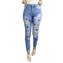 Sky Blue Star Print Ripped Skinny Fit High Waist Jeans