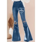 Mama Heart Print Leopard Patchwork Distressed Flare Jeans