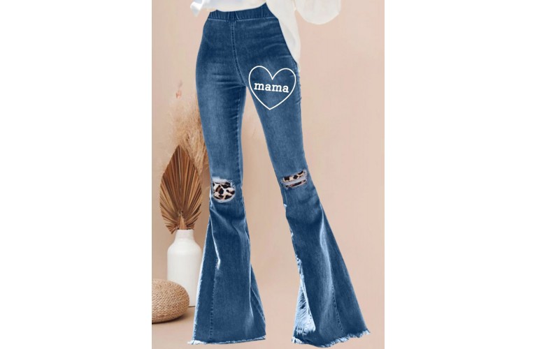 Mama Heart Print Leopard Patchwork Distressed Flare Jeans