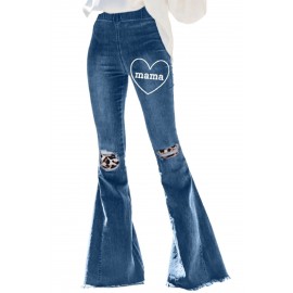 Mama Heart Print Leopard Patchwork Distressed Flare Jeans