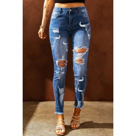 Sky Blue Steer Head Print Skinny Distressed High Waist Jeans