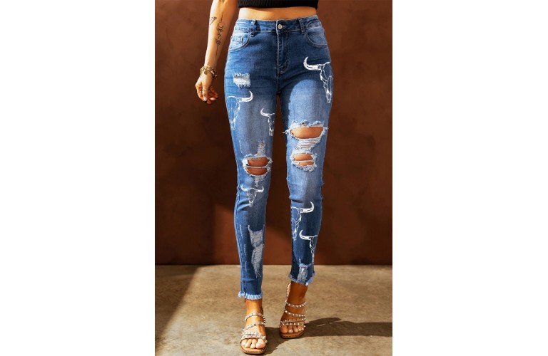 Sky Blue Steer Head Print Skinny Distressed High Waist Jeans