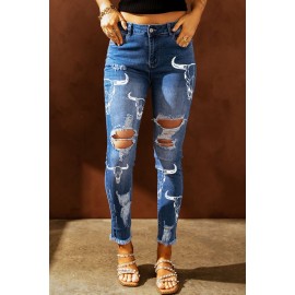 Sky Blue Steer Head Print Skinny Distressed High Waist Jeans