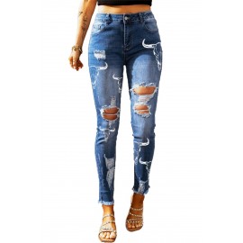 Sky Blue Steer Head Print Skinny Distressed High Waist Jeans