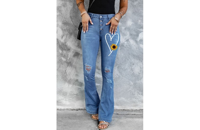 Sky Blue Sunflower Heart Print Button Fly Distressed Flare Jeans