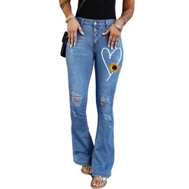 Sky Blue Sunflower Heart Print Button Fly Distressed Flare Jeans