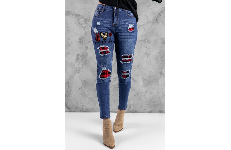 Blue Plaid Patchwork Graphic Print Distressed Skinny Jeans