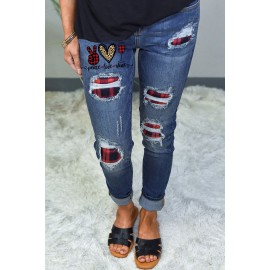 Blue Plaid Patchwork Graphic Print Distressed Skinny Jeans