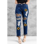 Blue Sunflower Print Leopard Patchwork Distressed High Waist Jeans