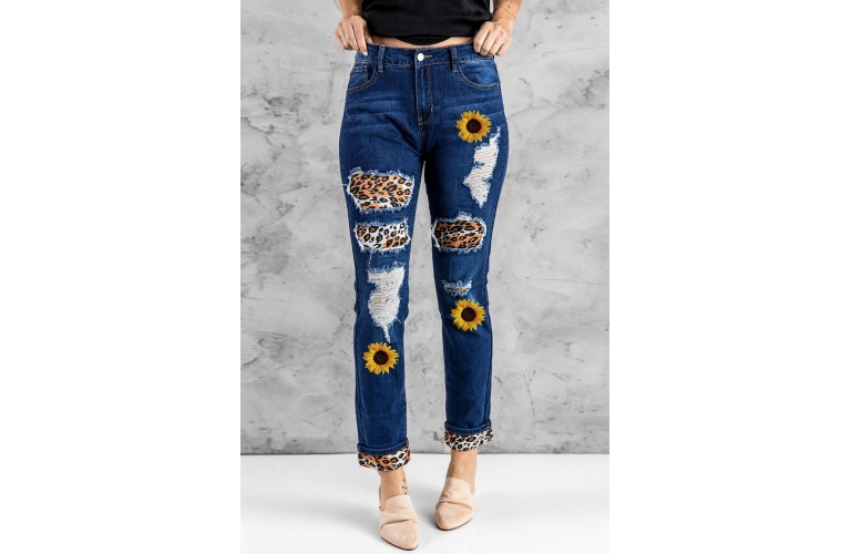 Blue Sunflower Print Leopard Patchwork Distressed High Waist Jeans