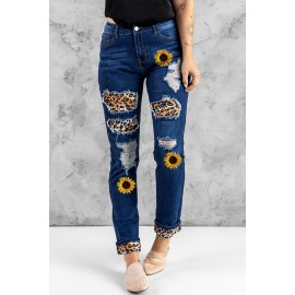 Blue Sunflower Print Leopard Patchwork Distressed High Waist Jeans