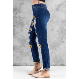 Blue Sunflower Print Leopard Patchwork Distressed High Waist Jeans