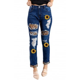 Blue Sunflower Print Leopard Patchwork Distressed High Waist Jeans