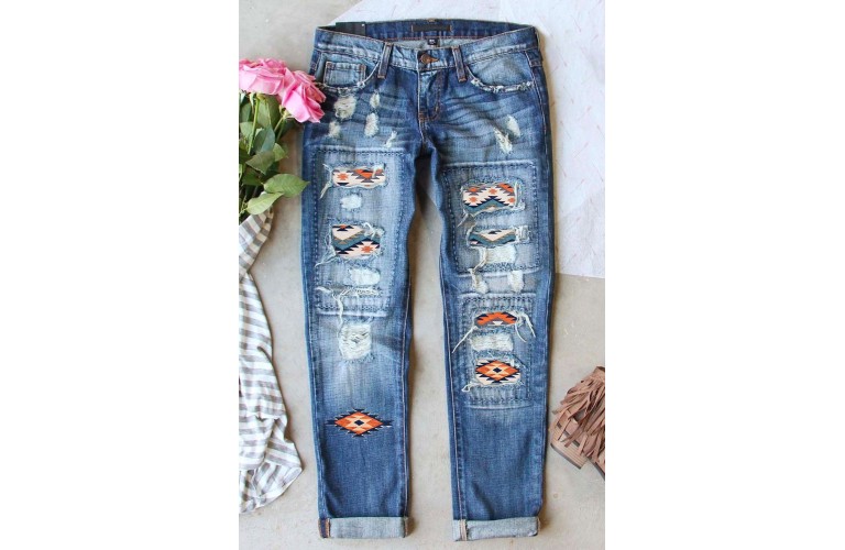 Sky Blue Western Aztec Pattern Splicing Distressed Jeans