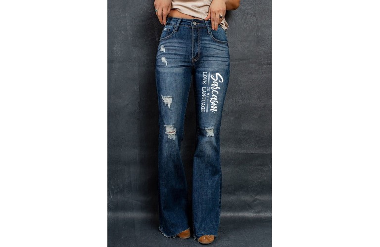 Blue Sarcasm Is My Love Language Distressed Flare Jeans