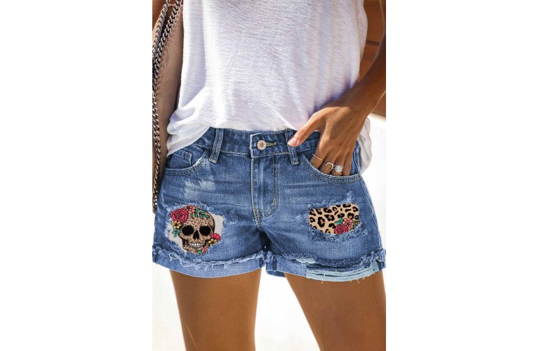 Sky Blue Leopard Skull Floral Print Roll Up Distressed Denim Shorts