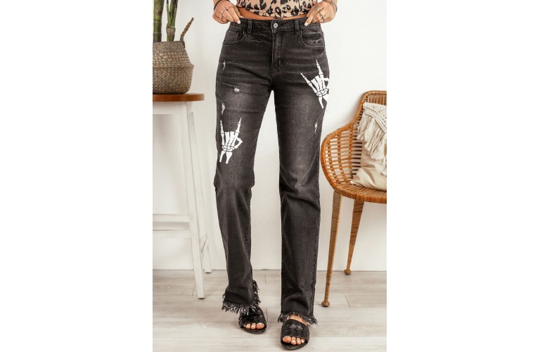 Black Skeleton Print Raw Hem High Waist Jeans