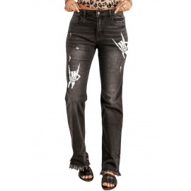 Black Skeleton Print Raw Hem High Waist Jeans