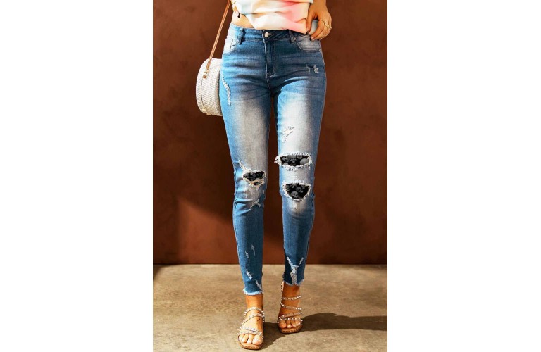 Sky Blue Skull Pattern Patchwork Ripped Skinny Ankle Jeans